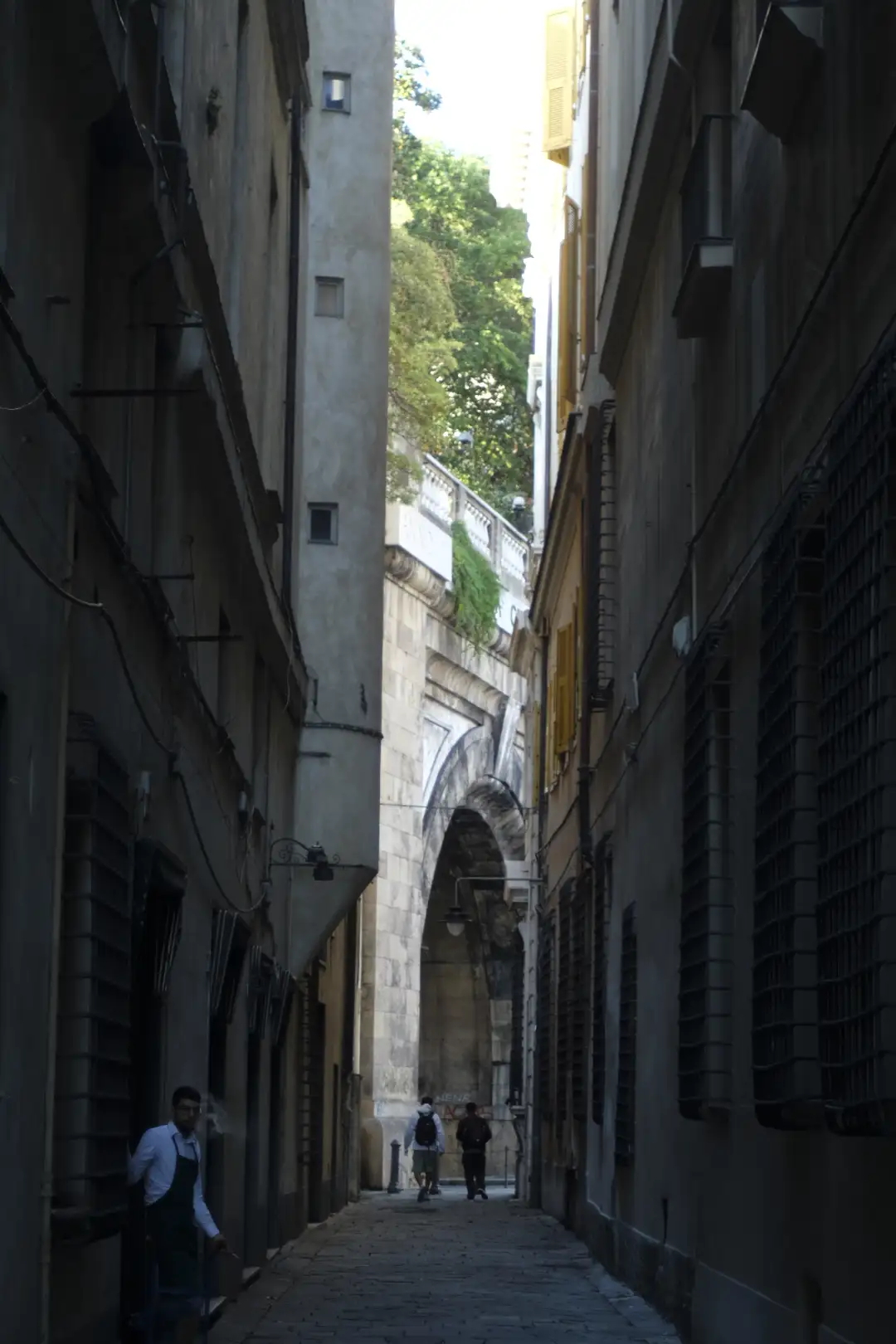 A narrow alleyway with a bridge at the end of it. Created and photographed by Hiroku