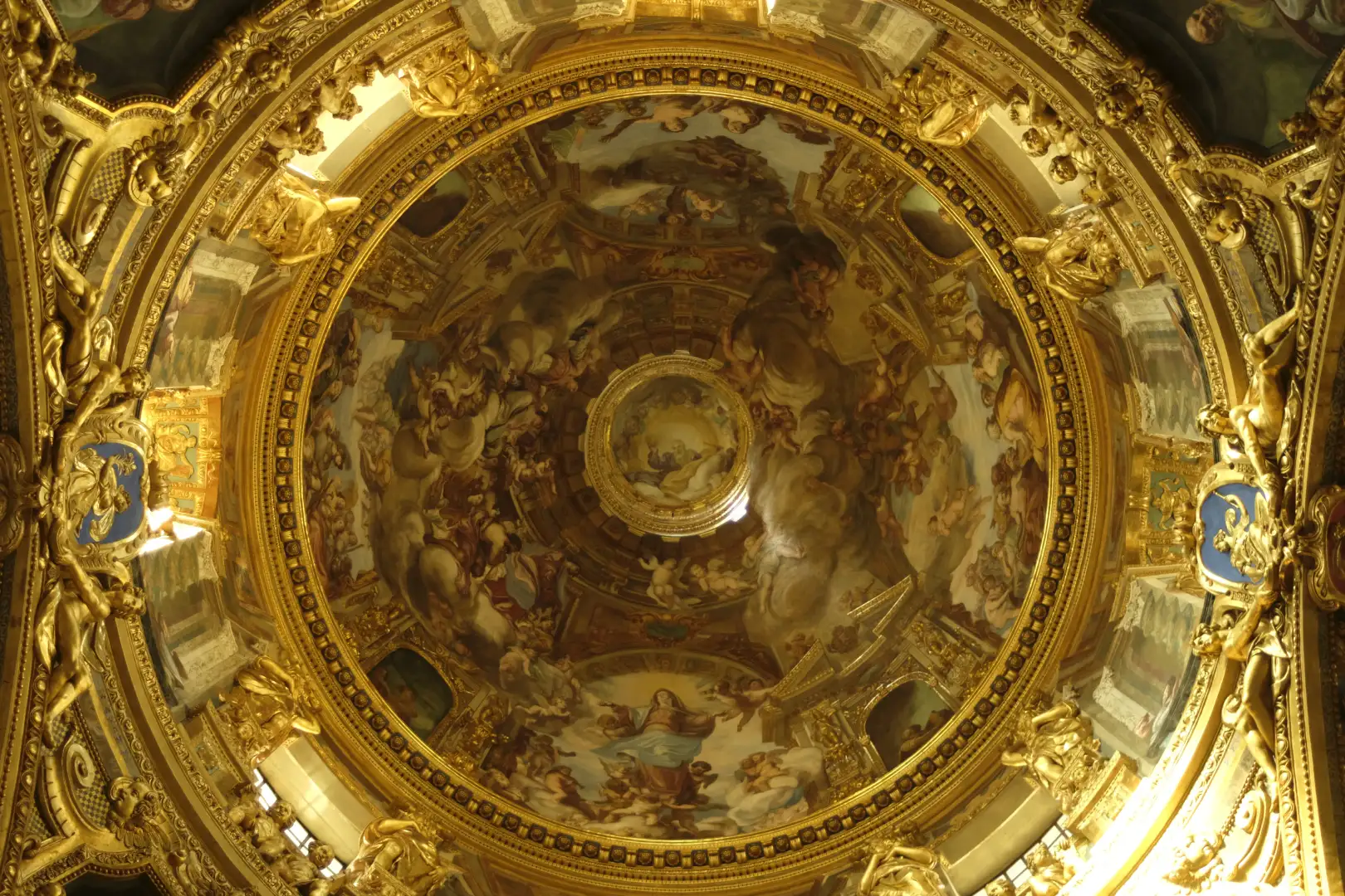 The roof of an old church with a lot of art and gold detailing. Created and photographed by Hiroku